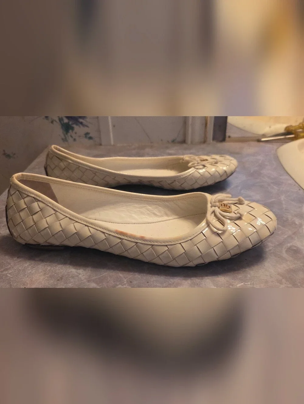 Tory Burch White Woven Patent Ballet Flats